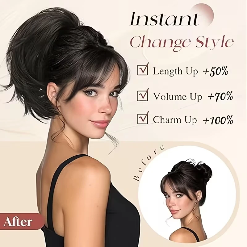 Extension per capelli sintetici a coda di cavallo corta e liscia, chignon disordinato con clip a griffe per donna, uso quotidiano - immagine 6