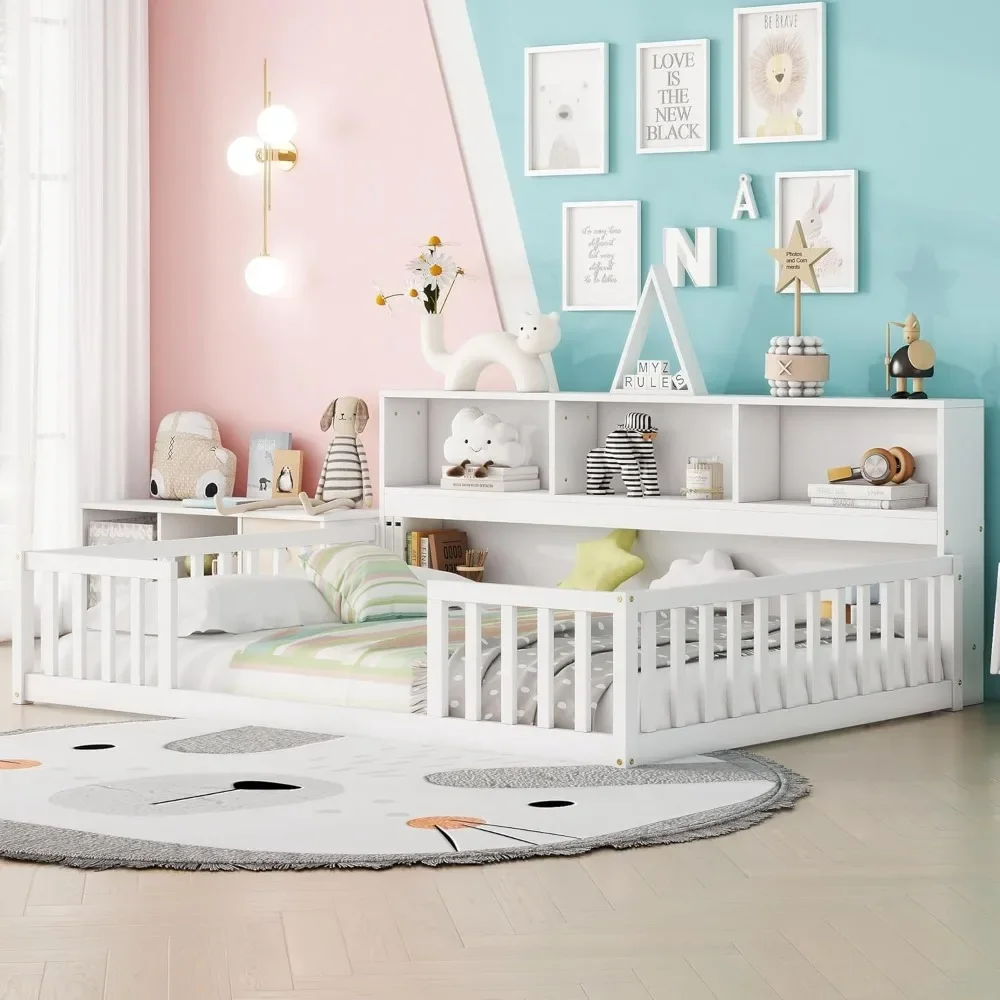 Kids Montessori Floor Bed, Full Size Floor Bed with Bookcase and Shelves, Full Bed Frame with Guardrails for Kids, Girls, Boys 4