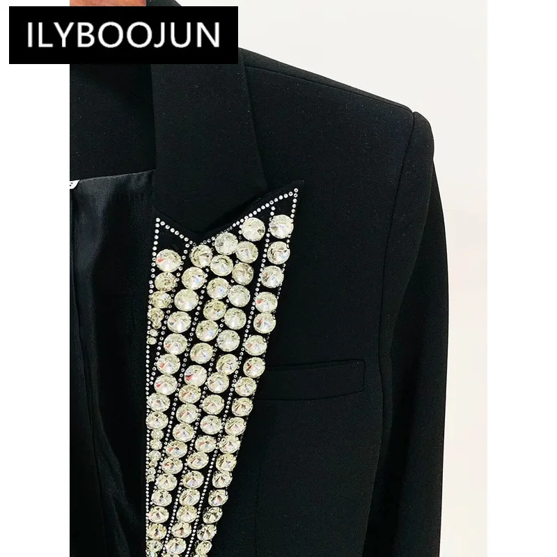 ILYBOOJUN 여성용 단추 블레이저, 라인석 다이아몬드, 스트라스 비즈, 최신 패션 디자이너 재킷, 2024