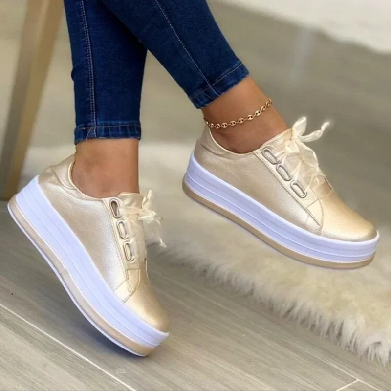 New 2024 Sports Shoes Women Vulcanized Shoes Outdoor Platform Casual Shoes Female Leather Fashion Sneakers Woman Wedge Flats