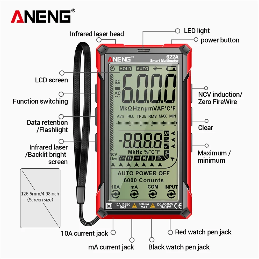 ANENG 622A 6000 Counts Smart Multimeter Infrared Laser AC/DC Voltage Meter Current Meter NCV Detector Diode Hz Temp Capacitor