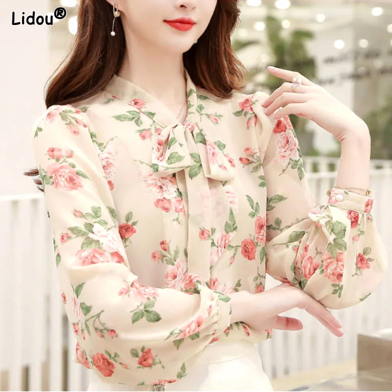 Loose Scarf Collar Button Printing Dignified Intellectual Hollow Out Spring Summer Thin Casual Shirts Tops Women's Clothing 2022