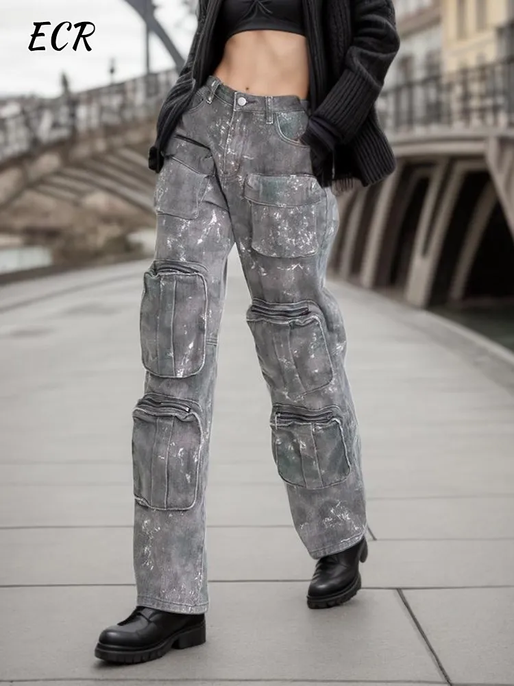 

ECR Patchwork Pocket Camouflage Cargo Jeans For Women High Waist Spliced Zipper Loose Streetwear Hit Color Denim Pants Female