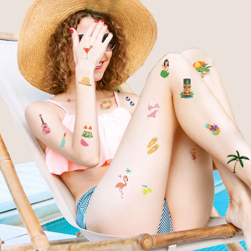 10Sheets Hawaiian Party Aloha Temporary Tattoo Sticker Waterproof Tropical Flamingo Party Luau Summer Beach Birthday Decorations