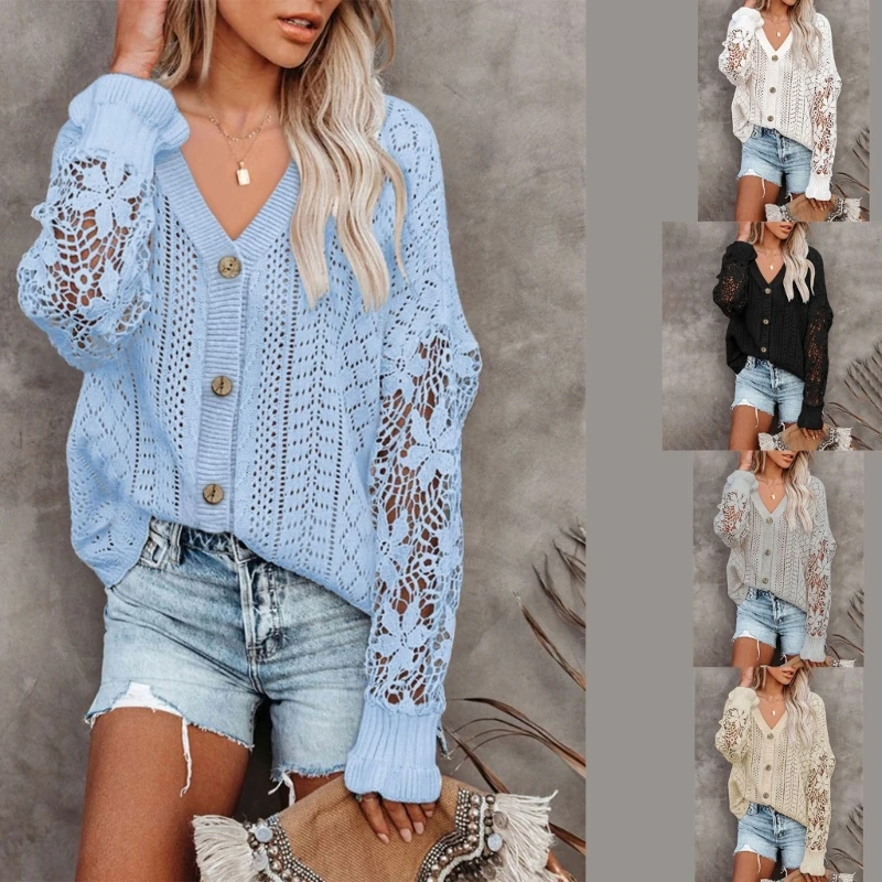 Женский легкий кружевной вязаный кардиган