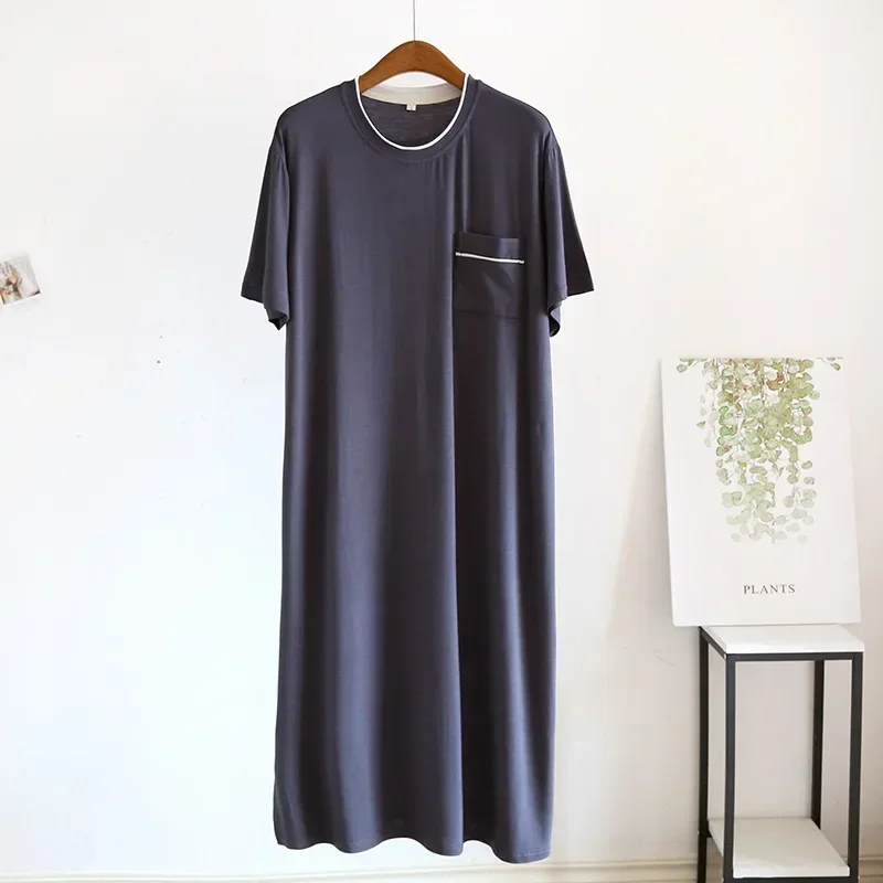 Men's Modal Nightgown with Pocket One Piece Short Sleeved Medium Length Nightgown Large and Thin Home Bath Nighty Dress mens pajamas mens nightdress