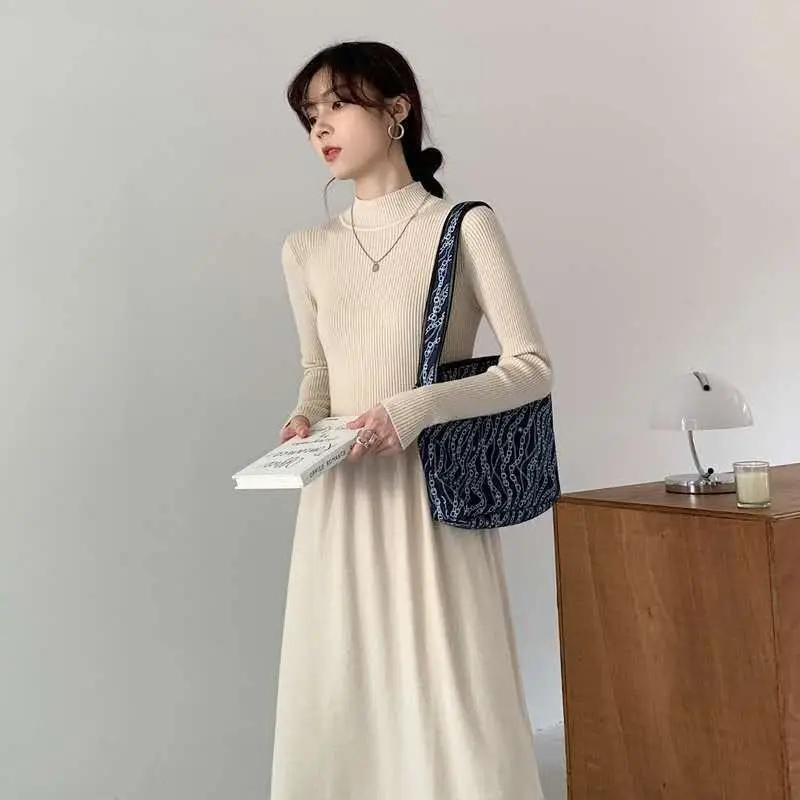 

Half High Neck Slim Waist Knitted Dresses Solid Fashion A-line Dresses 2023 Autumn Winter Women's Long Sleeve Bottom Dresses