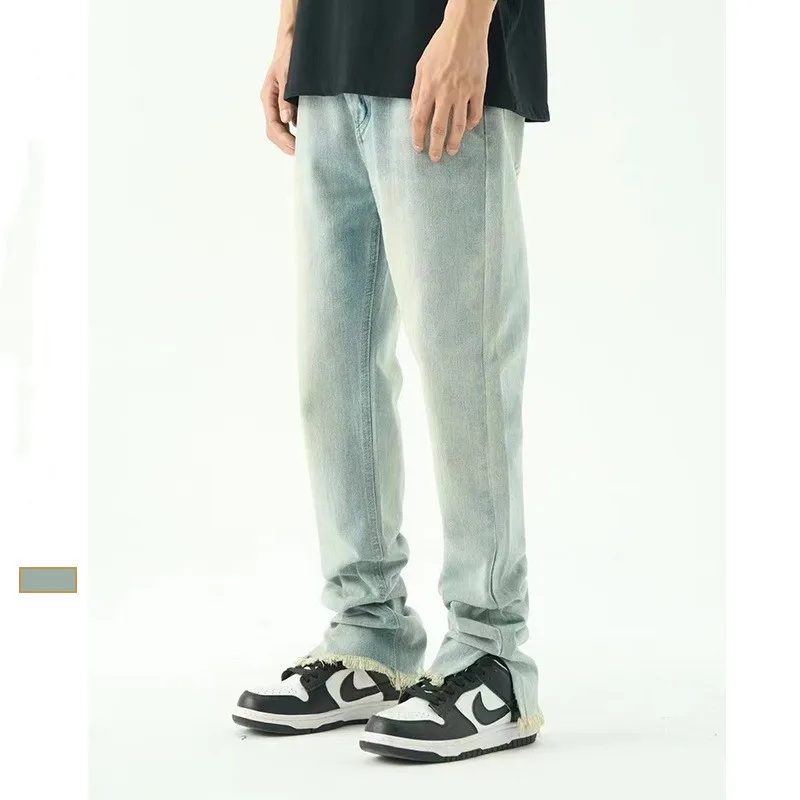 Jeans American Beard Side Foot Slit Jeans High Street Tide INS Retro Men's Straight Slim Casual Pants Spring And Summer Style