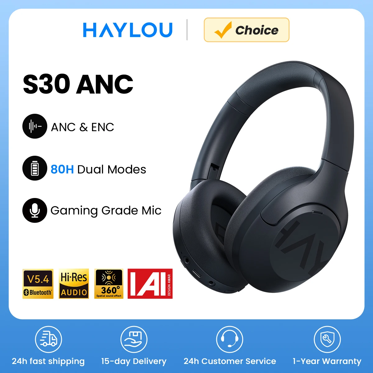 HAYLOU S30 Premium Wireless Bluetooth Headphones with Adaptive Noise Cancellation and Extended Playtime
