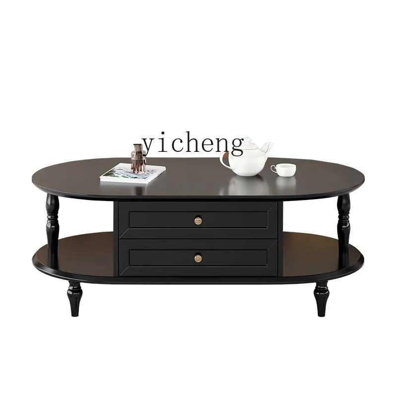 

XL American Solid Wood Retro Coffee Table Living Room Home Small Apartment Oval Black Tea Table