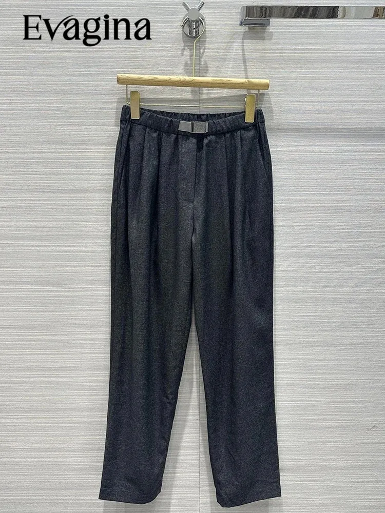

Evagina Fashion Designer Summer Black Color Slim Pencil Pants Women's Solid Color Buckle Strap Elastic Waist Casual Trousers