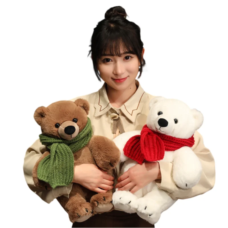 33/55CM Kawaii Creative White Brown Bear With Scarf Soft Plush Toys Accompany Dolls Sofa Decoration Girls Kids Birthday Presents korea vintage lace triangular scarf chiffon embroidered triangle headband scarf summer silk wrap turban versatile decoration