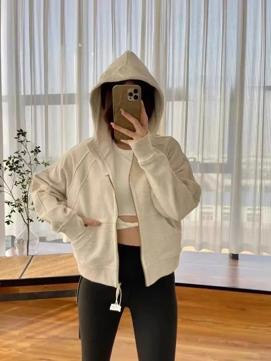 Lemon Scuba Oversized Full zipper Hoodie Autumn Winter Warm Yoga Solid Sport Pullover Plush Outdoor Loose Easy Hooded Sweater