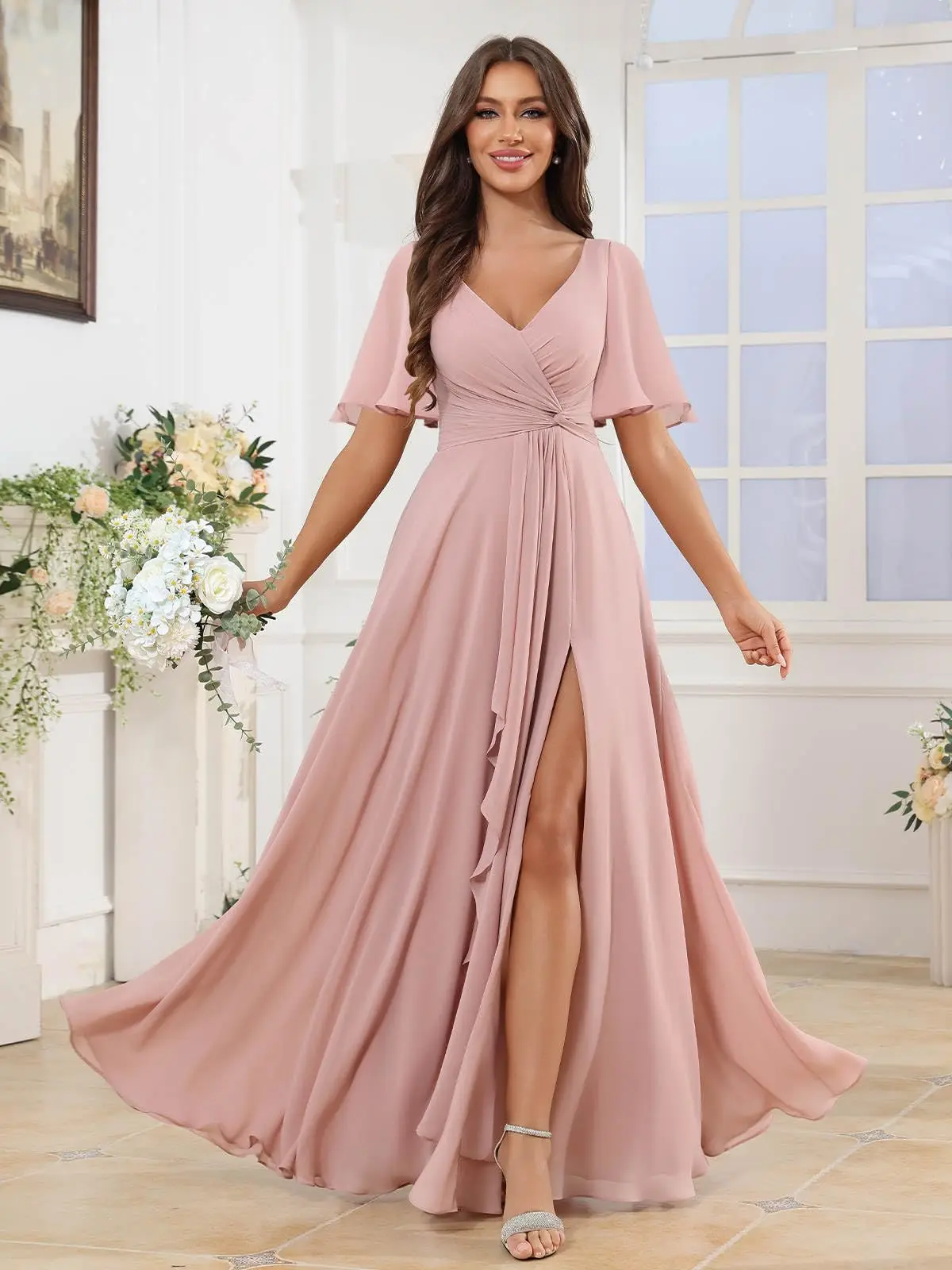 Elegant Chiffon Bridesmaid Dresses with Sleeves A Line Pleated Formal Evening Party Gown with Slit V Neck Wedding Party Dress - 2