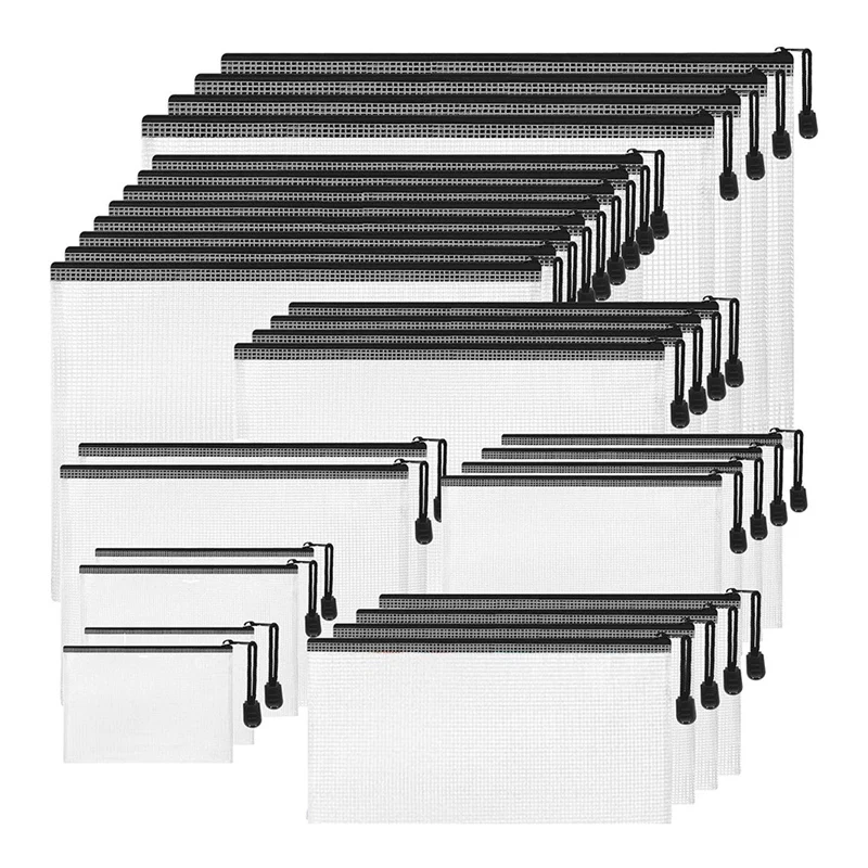 메쉬 지퍼 파우치 반투명 지퍼 장난감 보관 가방, 학교 용품, 교실 사무용품, 블랙 앤 화이트 PVC, 30 개