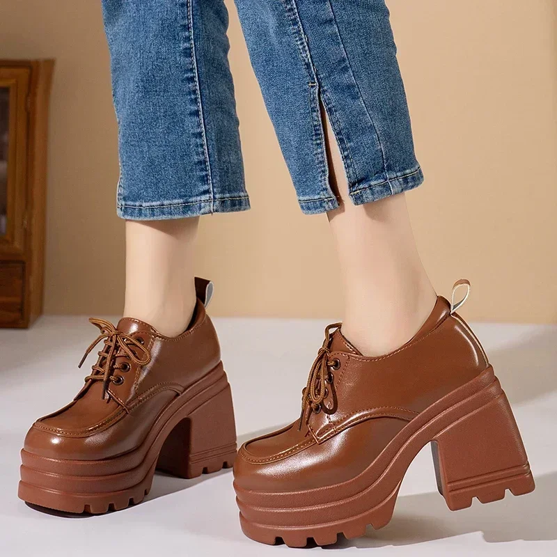 Lolita Shoes for Women 2024 New Autumn Lace Up Loafers Girls Students JK Uniform High Heels Platform Shoes Cosplay Female Shoes