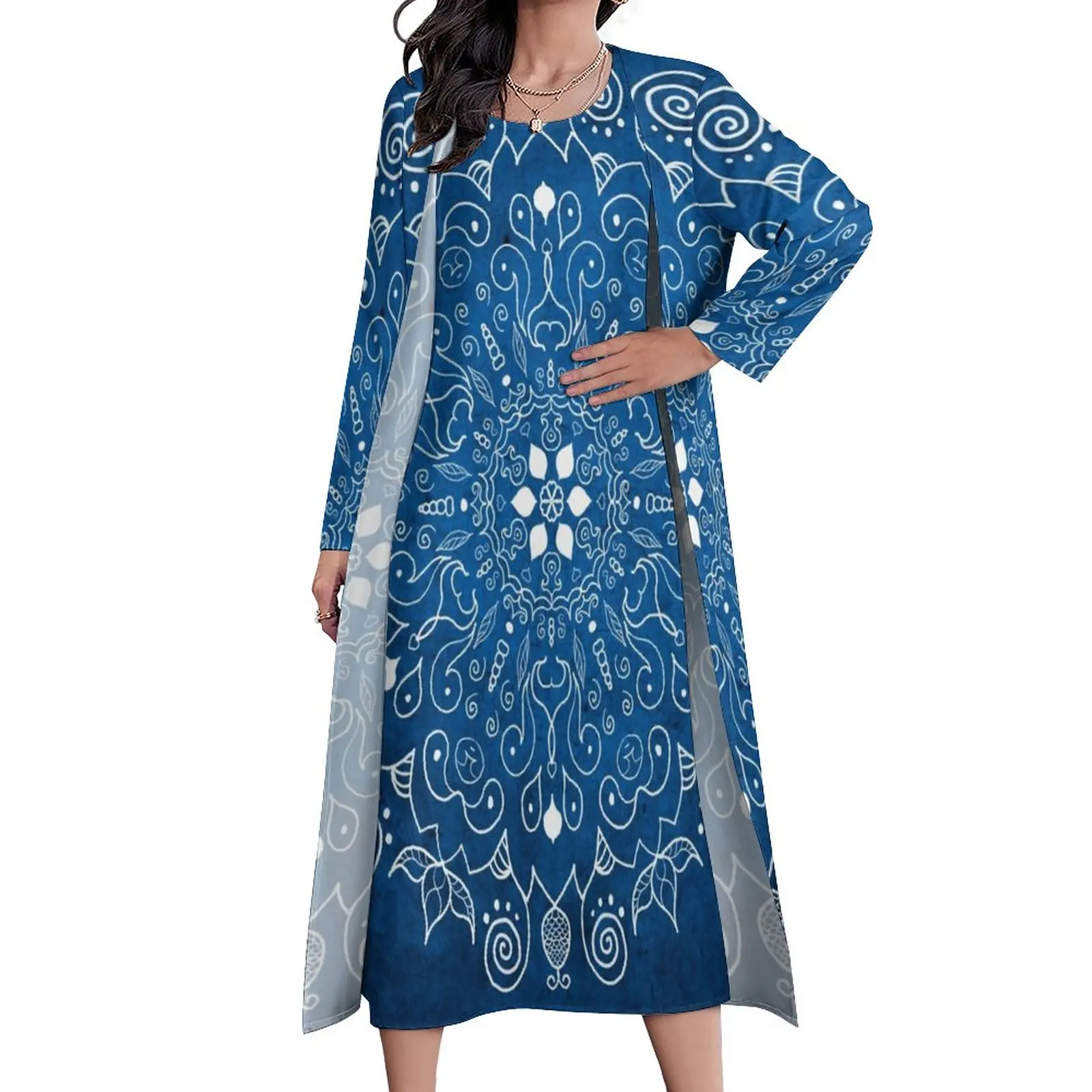 

Blue Mandala Dress Retro Bohemia Print Cute Maxi Dress Long Sleeve Custom Boho Beach Long Dresses Aesthetic Big Size Clothing