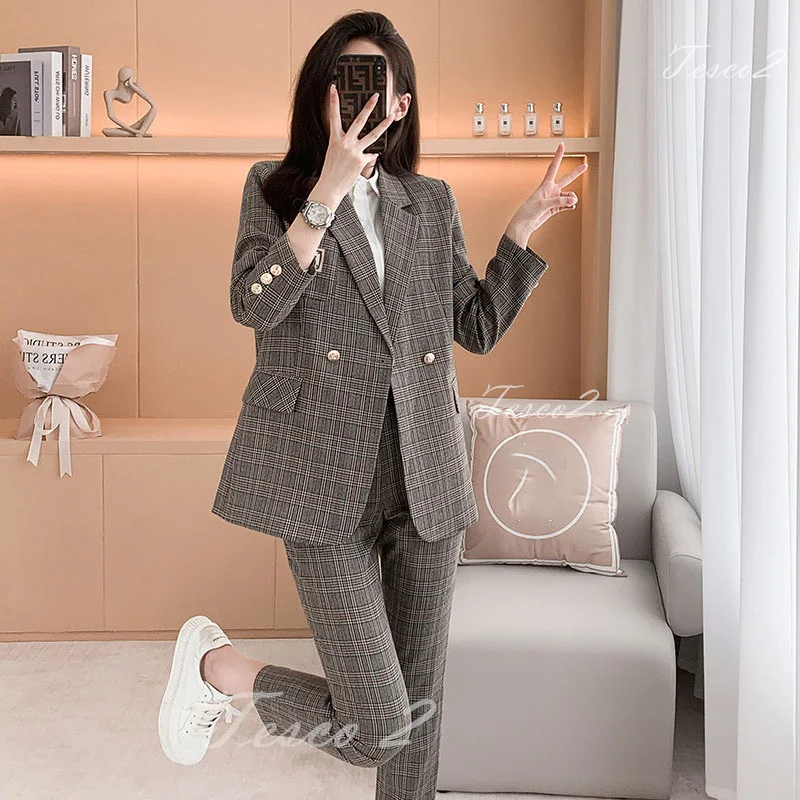 Tesco Popular Plaid Women Korean Style Suit Double Breasted Jacket+Trousers Temperament Slim Fit Elegant Female Pantsuit 2 Piece
