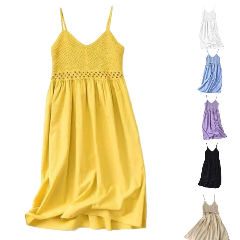 

Solid Color Crochet Knit Women Pleated Flare Hem Midi Long Dress N7YE