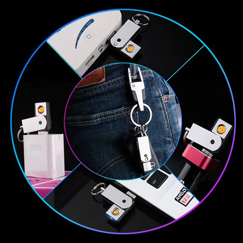 Mini USB Lighter Smart Double-Sided Cigarette Lighter Keychain Flash Drive Type Metal Windproof Electronic Gifts