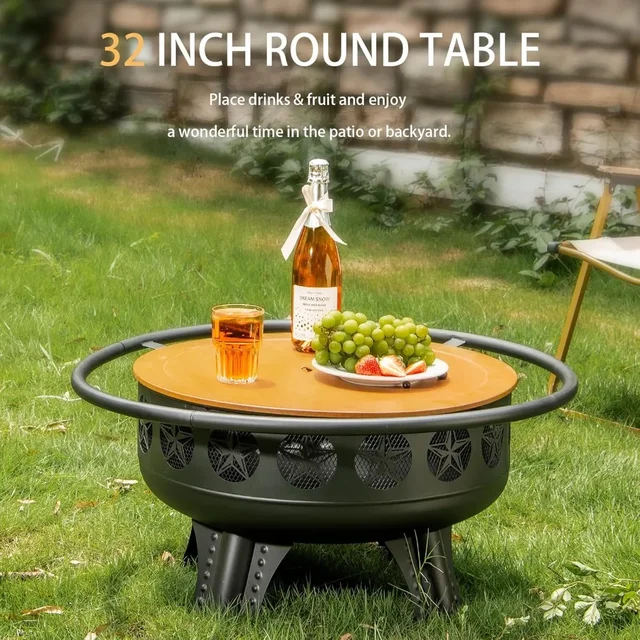 32 Inch Fire Pit with Swivel Cooking Grate,3-in-1 Wood Burning Firepit with Grill,Outdoor Fire Pits Table with Metal Lid and Pok 4