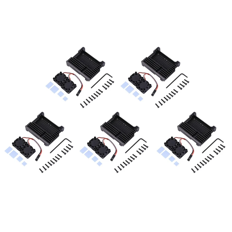 

5X For Raspberry Pi 4 Aluminum Case With Dual Cooling Fan Metal Shell Black Enclosure For Raspberry Pi 4 Model B