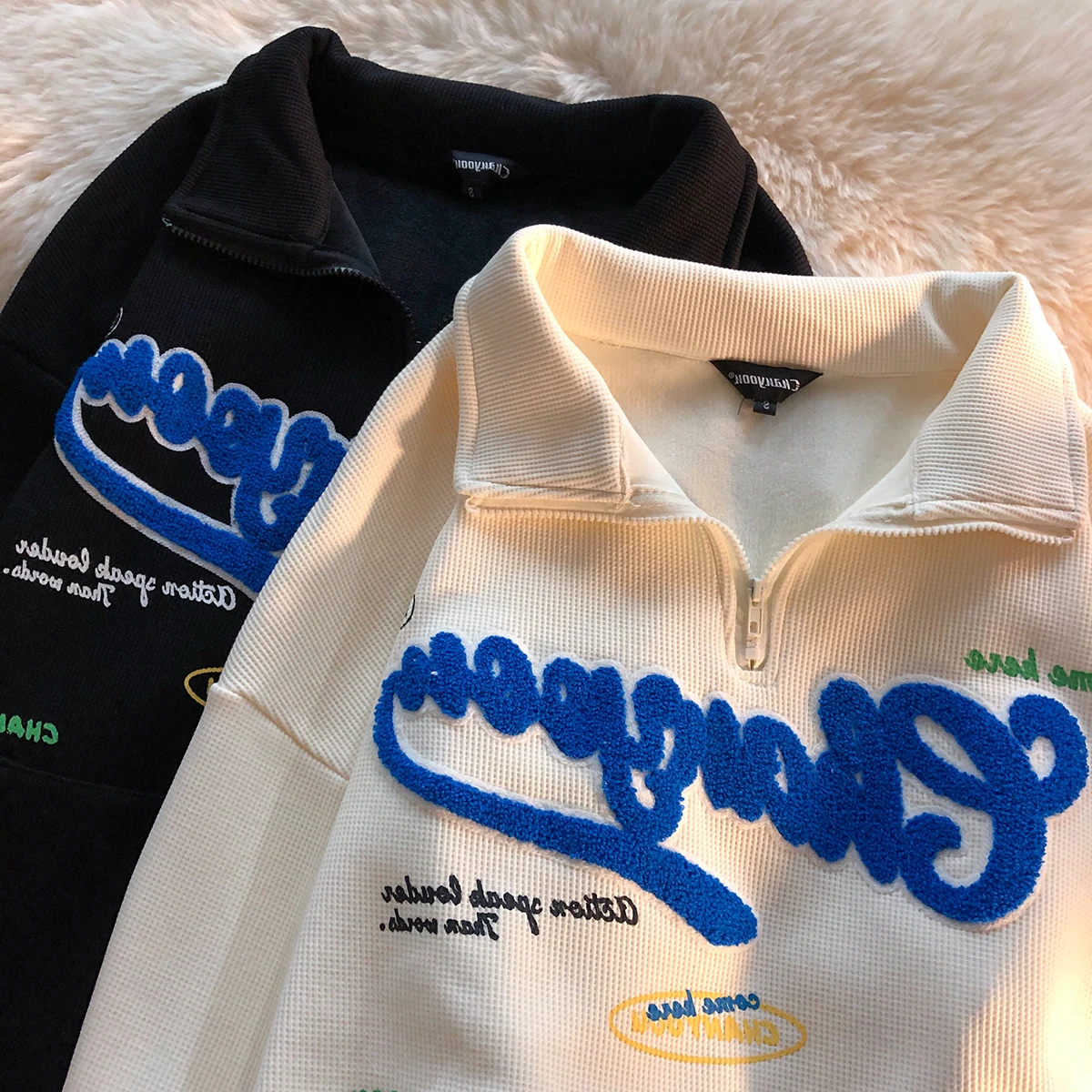 

Hip Hop Vintage Letter Embroidery Sweatshirt for Men Women Apricot Black POLO Shirt Oversized Pullover Korean Streetwear Winter