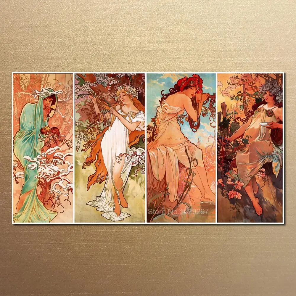 

Handmade Oil Painting Canvas Art Four Seasons Alphonse Mucha Image Reproduction High Quality Beautiful Woman Artwork Wall Decor