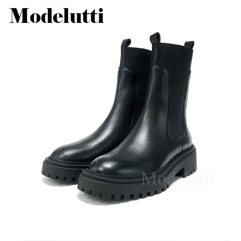 Modelutti 2023 두꺼운 바닥 첼시 쇼트 튜브 부츠, 올 매치 단색 신발, 심플 캐주얼 여성, 봄 가을 패션, 신상