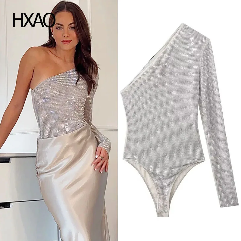 

HXAO Sexy Bodysuit Women Silver Bodysuit Lingerie Off Shoulder Asymmetric Top Woman Luxury Elegant Glitter Bodysuit Leotard 2024