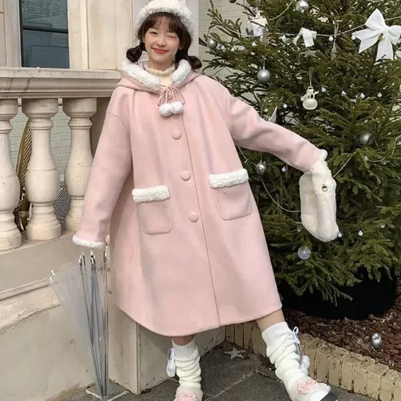 여성 후드 중간 길이 싱글 브레스트 플러시 에지 재킷, 핑크 코트, 두꺼운 스위트 모직 코트, 레이디 의류, 가을 겨울 신상