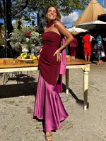 Fashion Satin Spliced Scarf Collar Skinny Long Dress Women Elegant Backless Sleeveless Strapless Vestido Chic Lady Evening Gowns 1