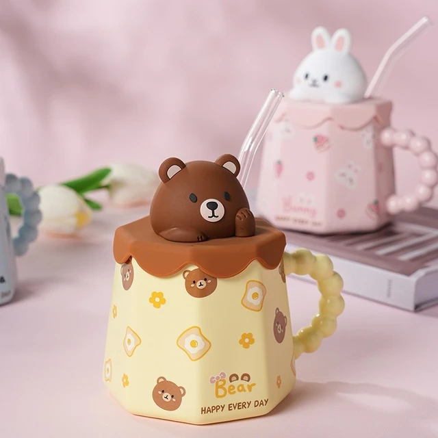 urso panda fofo na xícara bebendo café chá desenho animado teddy