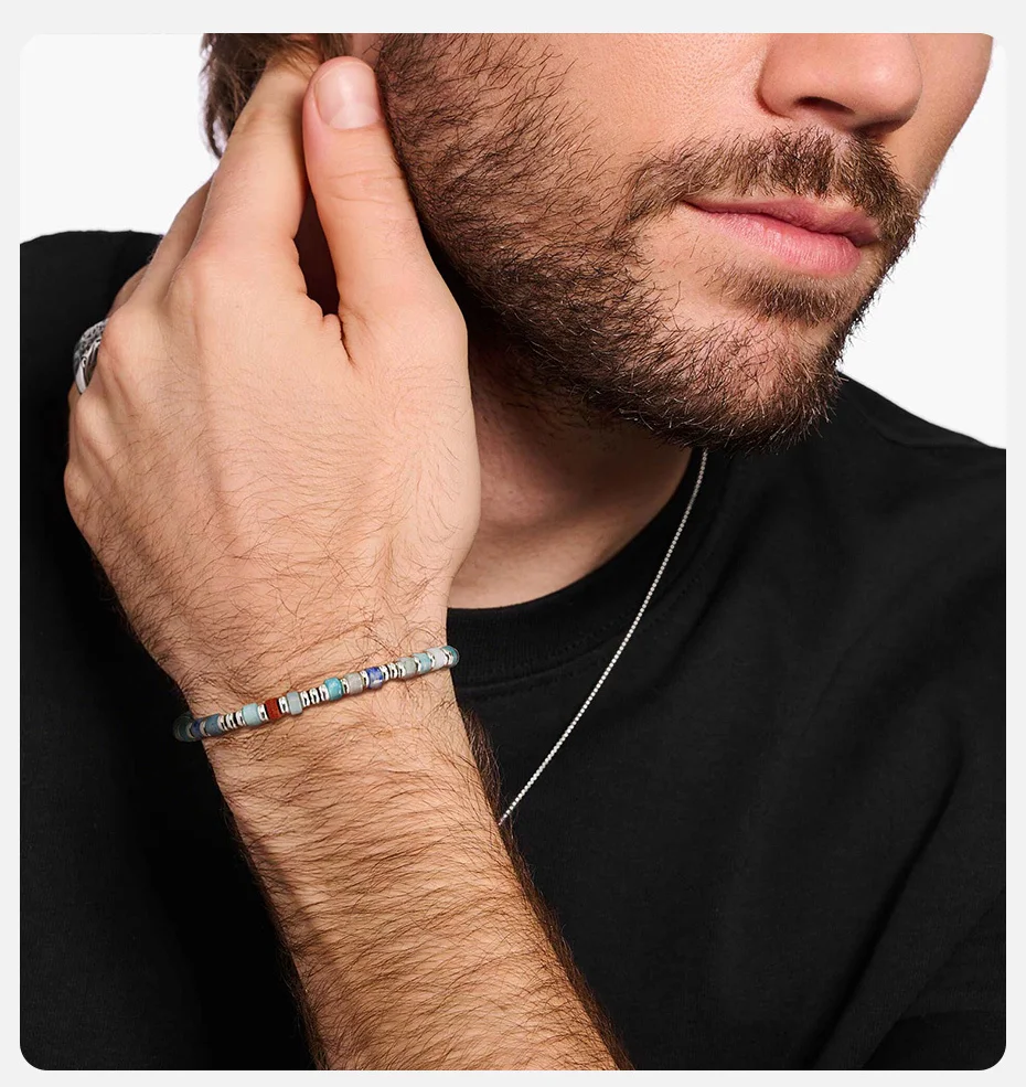 Vnox Herren-Armband aus silberfarbenen Metallperlen und Naturstein, verstellbares 15–20 cm großes Kristallrad-Perlenarmband, Schmuck, Geschenk, neu – Detail 2