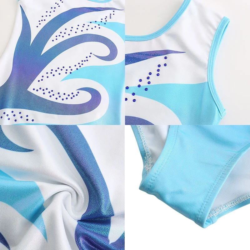 Gymnastic Suit With Body Shorts Hair Band Kids Girls Patchwork Printed Leotard Sleeveless Jersey Jumpsuit Tracksuit Gym Suit gymnastics dancewear sets