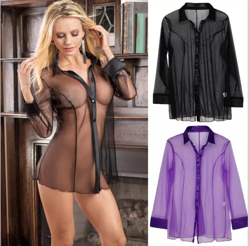 Sexy Women Button Lingerie Dress Transparent Clubwear Stripper Long Sleeve Blouse Love Live Cosplay