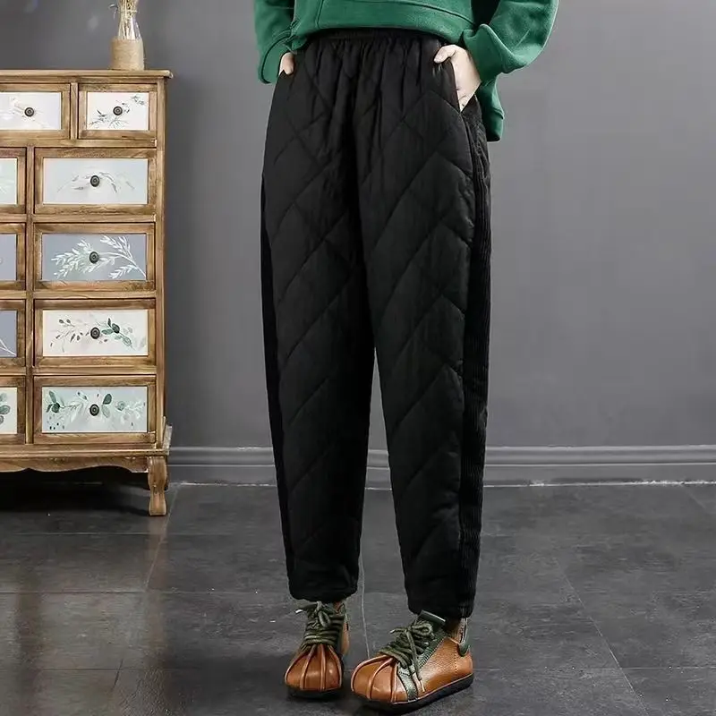 2023 Winter New Korean Fashion Solid Color Diamond Grid Spliced Velvet Elastic Waist Warm Clip Cotton Pants for Women