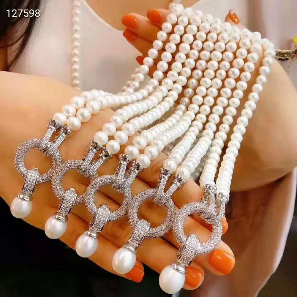 Women's jewelry 8-9mm 75cm micro inlaid zircon round accessories white freshwater pearl necklace
