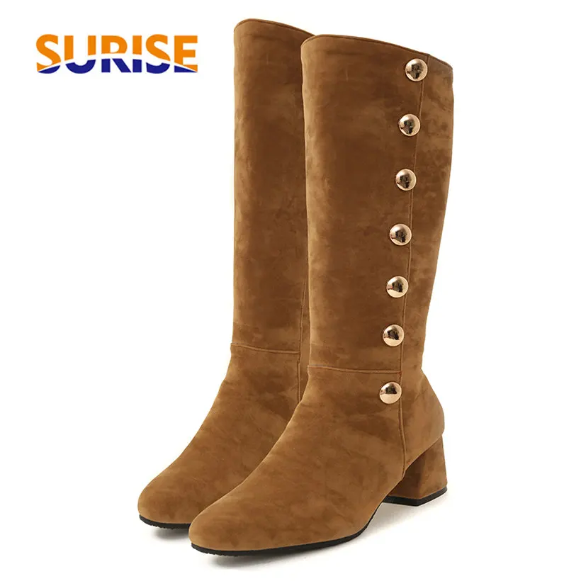 

Winter Spring Flock Button Women Knee High Boots 10cm Square Thick High Heel Lady Round Toe Rivet Zipper Long Boots Plus Size 46