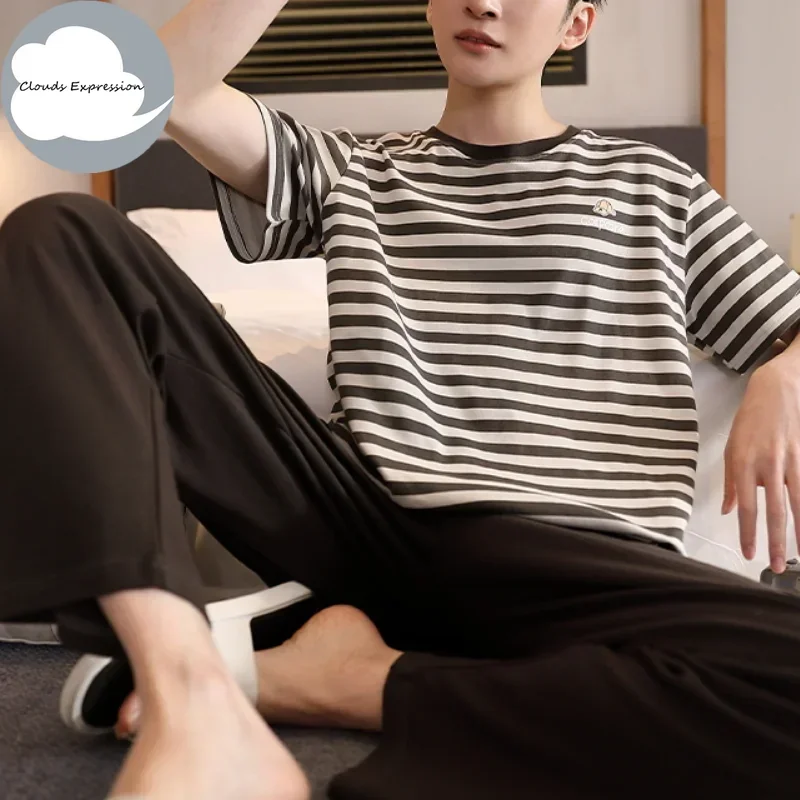 Summer Knitted Mens Pyjamas Pajamas Casual Pjs Lounge Sets Masculine Plaid Sleepwear Nightwear Pijamas Homewear 5XL pajama sets