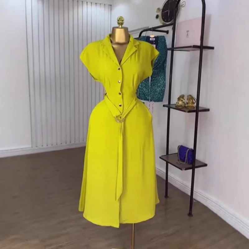 Women Shirt Dresses A Line Vestidos Notch Lapel Short Sleeve Belt Lace Up Elegant Splice Plain Single Breasted Work 2026 Spring