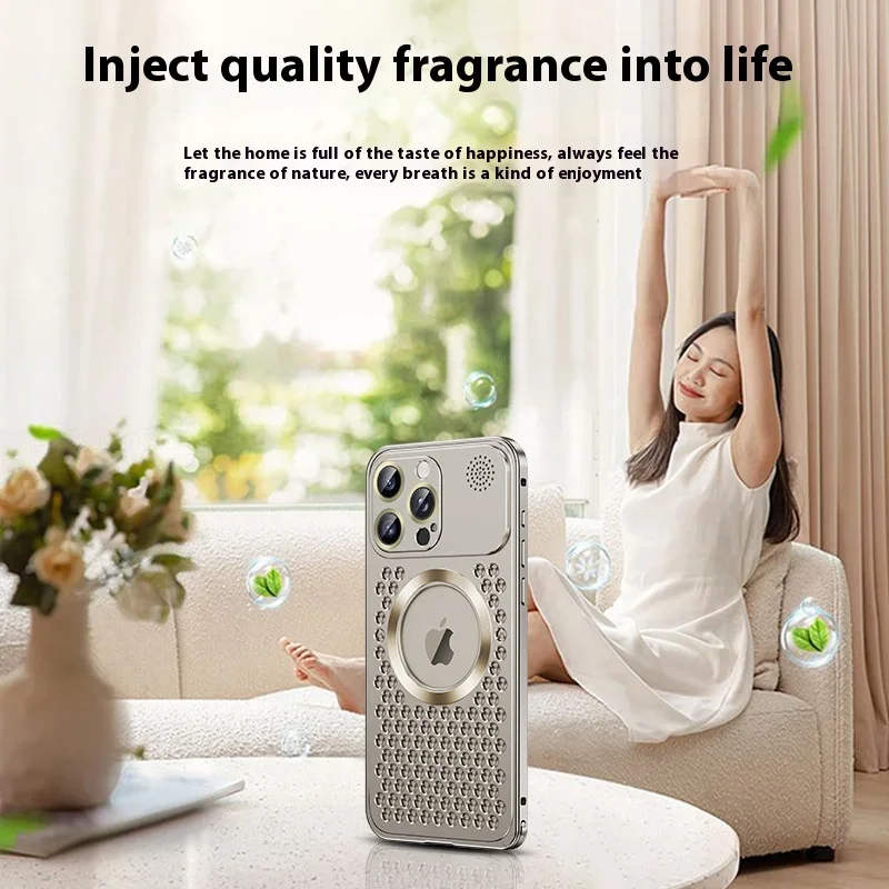Titanium Aluminum Alloy Cooling Aromatherapy Phone Case For iphone 15 13 14 Pro Max Hollow Magnetic Magsafe Lens Protection Case