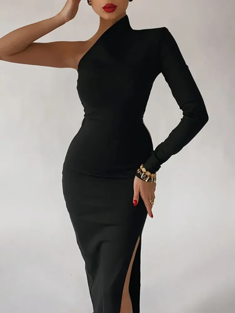 

Long Elegant Dresses for Women Summer One Shoulder Maxi Dress Bodycon Sexy Black Slit Fomal Wedding Evening Party Dress 2022