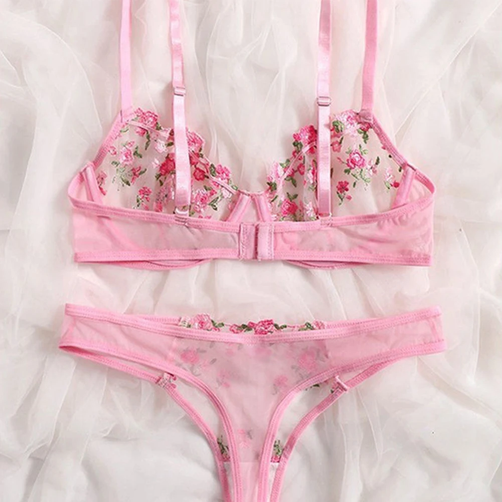 

Women Sexy Lace Embroidery Bra Ultra-Thin Elasticity Breathable Thongs Set Perspective Sheer Nightwear Pink Lingerie Sleepwear