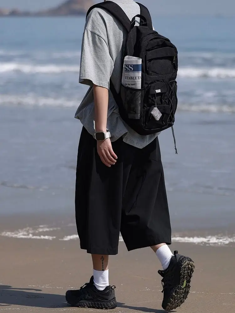 

Summer cropped pants for boys loose straight knee length shorts solid color Japanese retro trendy brand casual 7 cent mid pants