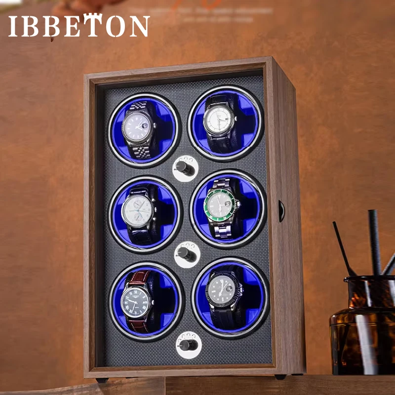 IBBETON 블랙 월넛 그레인 우드 자동 기계식 시계 와인더 멀티 시계 가정용 시계 보관함 케이스