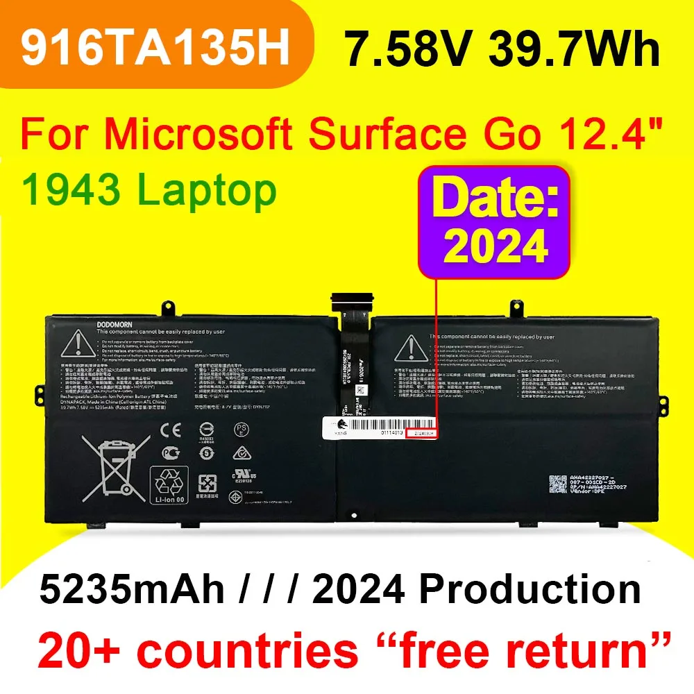 

Аккумулятор для ноутбука Microsoft Surface Go 12,4 дюйма, 1943 мАч, 5235 в, 7,58 Вт/ч