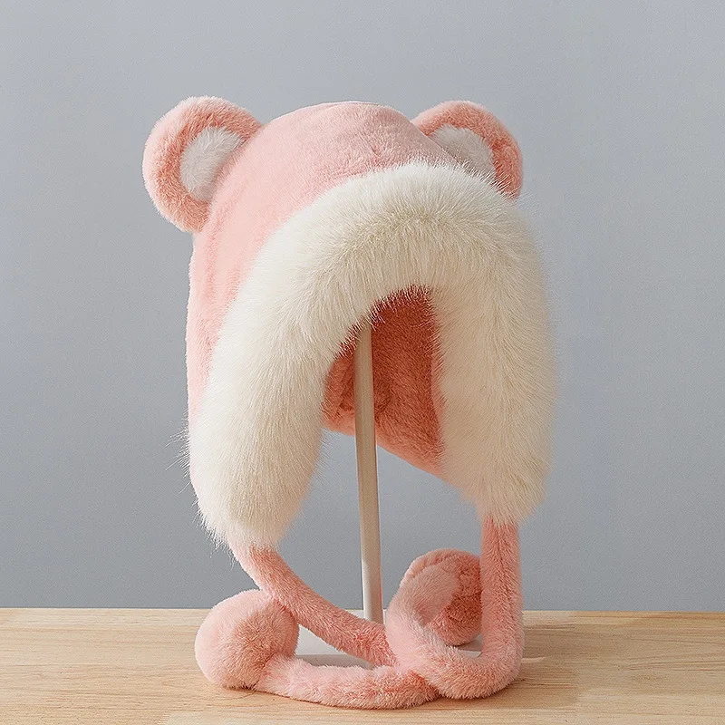 New Cute Bear Lace-up Hat Women's Autumn and Winter Warm шапка ушанка Fashion All-match Skullies Beanies Bonnets for Women 2