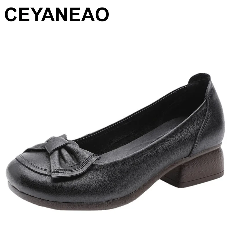 

Promotion New Spring Autumn BowKnot Shallow Mouth Genuine Leather Shoes Comfort Soft Wear Cow Tendon Sole Mid Heels
