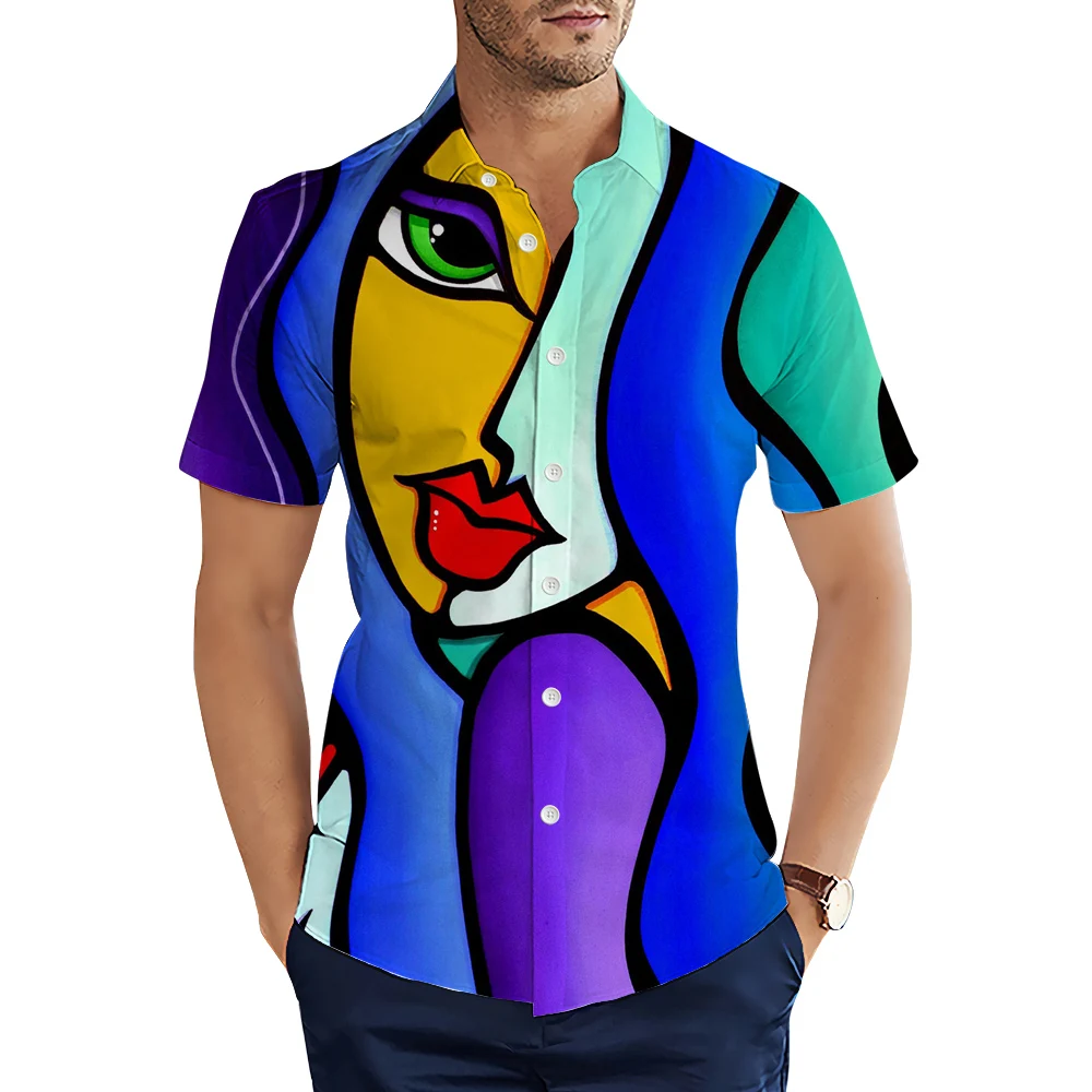 

HX Fashion Men's Shirts Illustration Art 3D Printed Casual Shirt Summer Lapel Short Sleeve Shirt Men Clothing Camisas